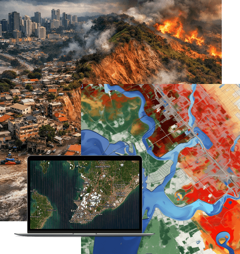 Computador com imagens de monitoramento territorial em tempo real em risco de atingir áreas urbanas