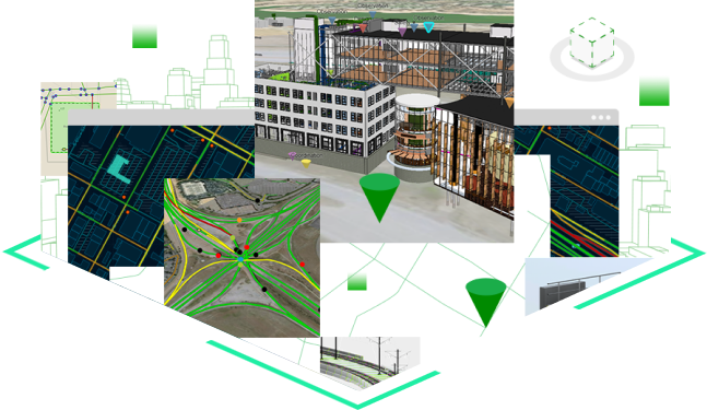 Representação em 3D de uma cidade com certos edifícios sombreados em cores diferentes para mostrar o desenvolvimento