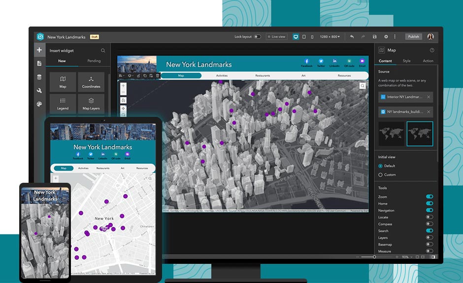 A woman in an orange shirt and orange glasses smiles against a colorful background while attending an Esri event