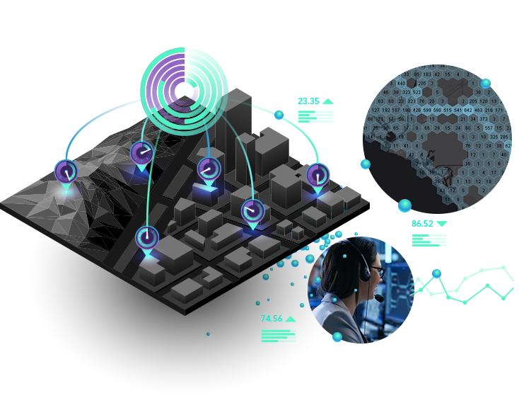 Mulher com fone de ouvido em um computador e imagem 3D cinza com ícones de relógio, blocos e dados numéricos