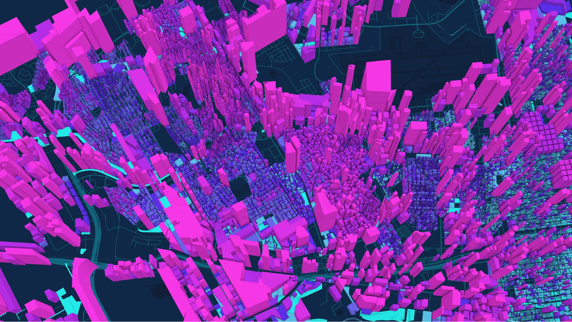 Imagem 3D de uma cidade com edifícios em roxo e azul