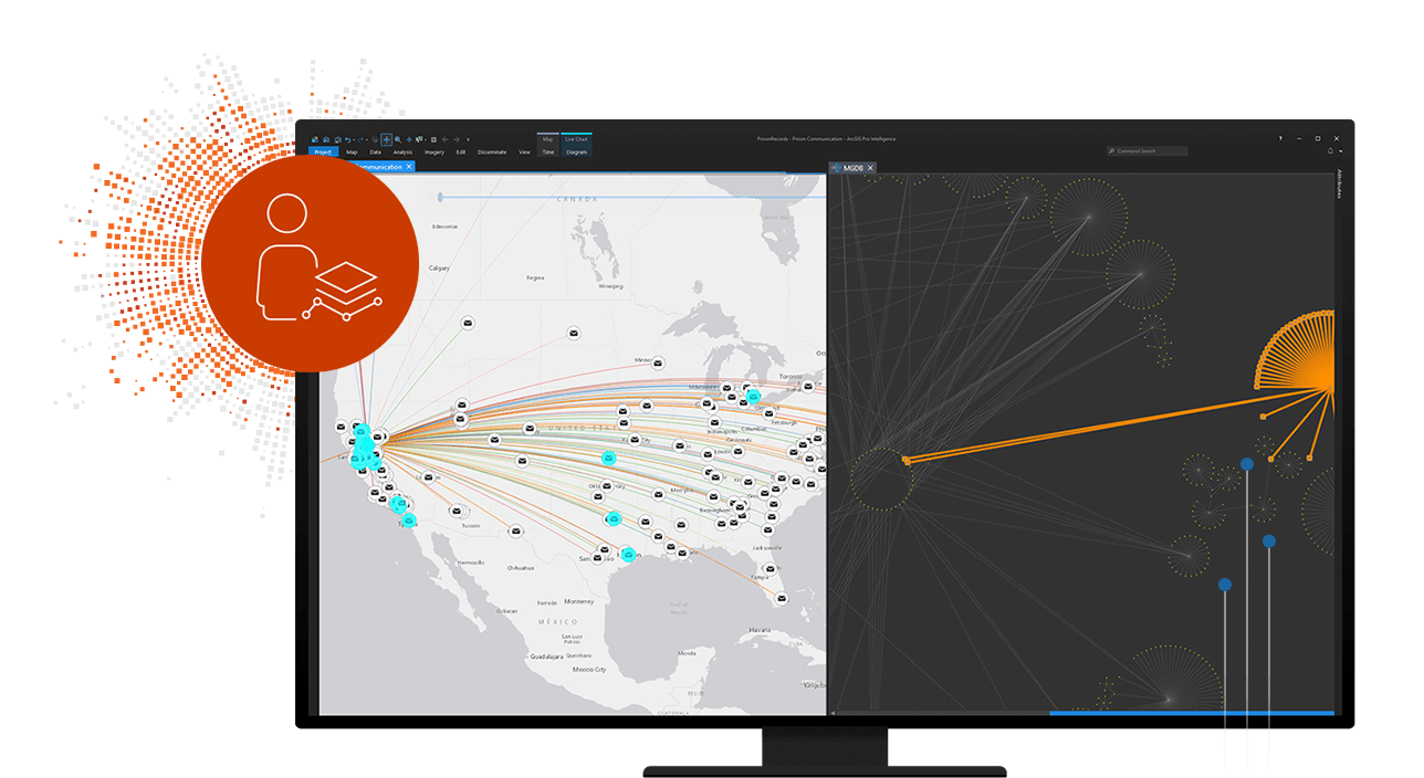 A digital map of the United States with scattered data points next to a line graph with lines pointing in many directions