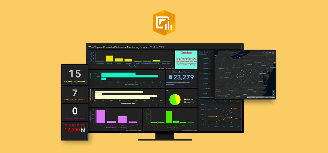 Um painel construído usando ArcGIS Dashboards em um monitor de desktop e o logotipo ArcGIS Dashboards em um fundo amarelo