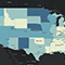 A concentration map of the US with states colored in different shades of blue against a dark gray ocean