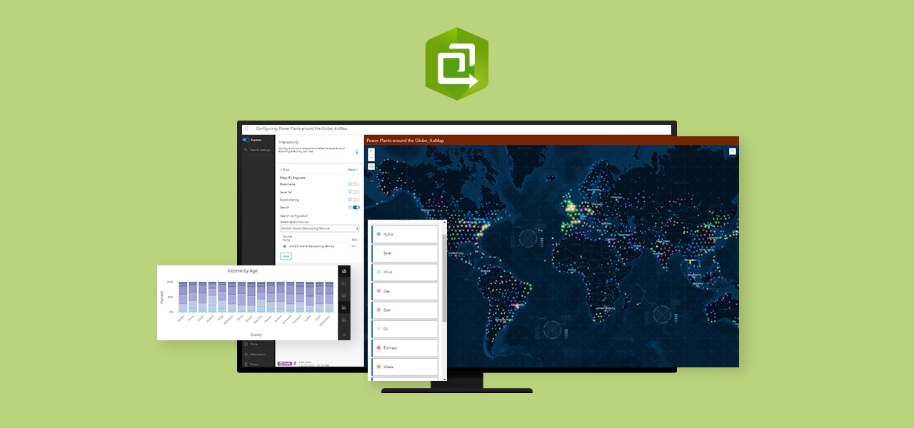 Um aplicativo construído usando ArcGIS Instant Apps em um monitor de desktop contra um fundo verde, juntamente com o logotipo do Instant Apps e opções de configuração