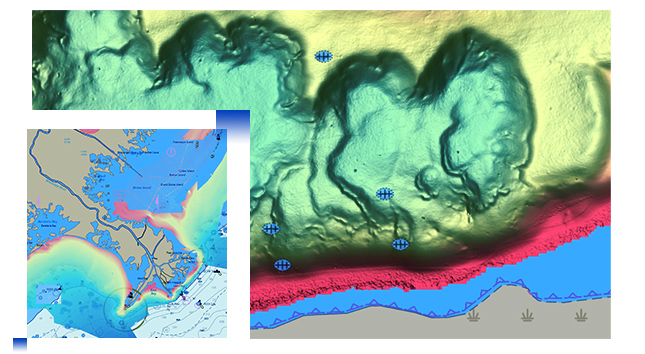 Dados batimétricos com bolas de futebol azuis representando naufrágios e carta de navegação eletrônica de um oceano com dados