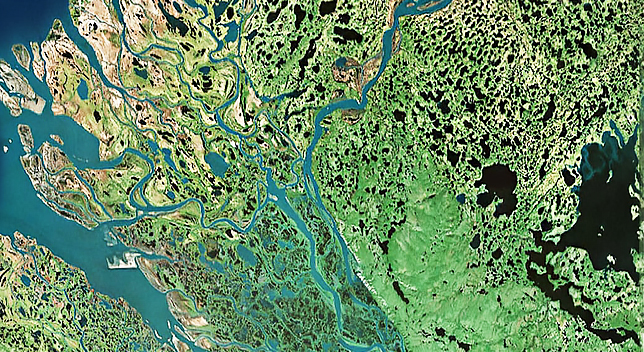 Foto aérea de um rio fluindo em um delta