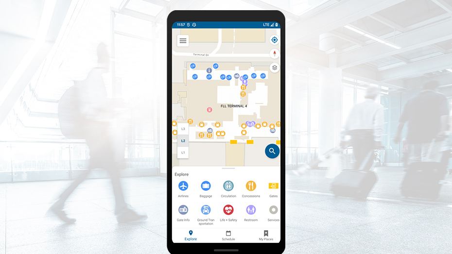 Uma tela de celular mostrando um mapa interno com círculos azuis e amarelos espalhados e ícones redondos