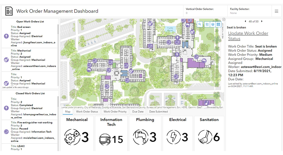 Um painel de ordem de serviço com um mapa interno de um grande campus, dados numéricos e, ícones e texto para o status da ordem de serviço