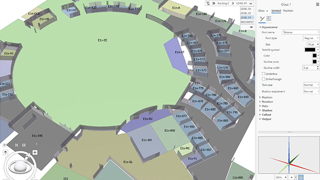 Mapa interno 3D de um grande prédio de escritórios com escritórios quadrados e um átrio circular no centro do mapa