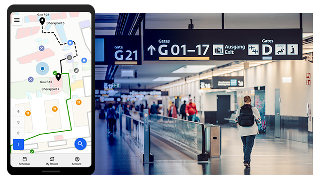 Uma passarela de terminal de aeroporto sobreposta com um design de telefone com tela sensível ao toque mostrando um software de mapeamento interno