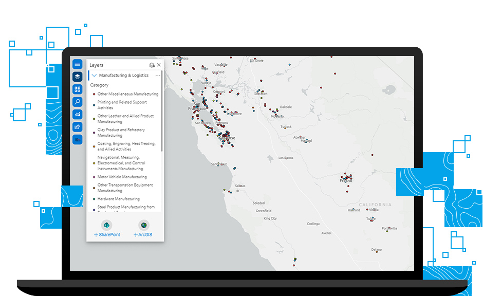 O design de um laptop exibindo um mapa cinza da Área da Baía da Califórnia e partes da Costa Central e do Vale de San Joaquin com pontos marcando certas áreas, todos sobrepostos por pequenos quadrados azuis do mapa topográfico