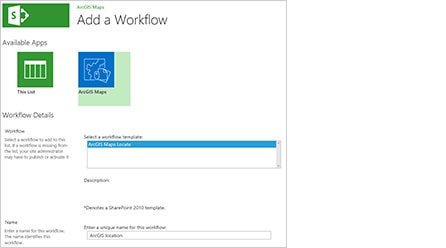 Screenshot of adding a workflow in ArcGIS Maps for Microsoft Sharepoint