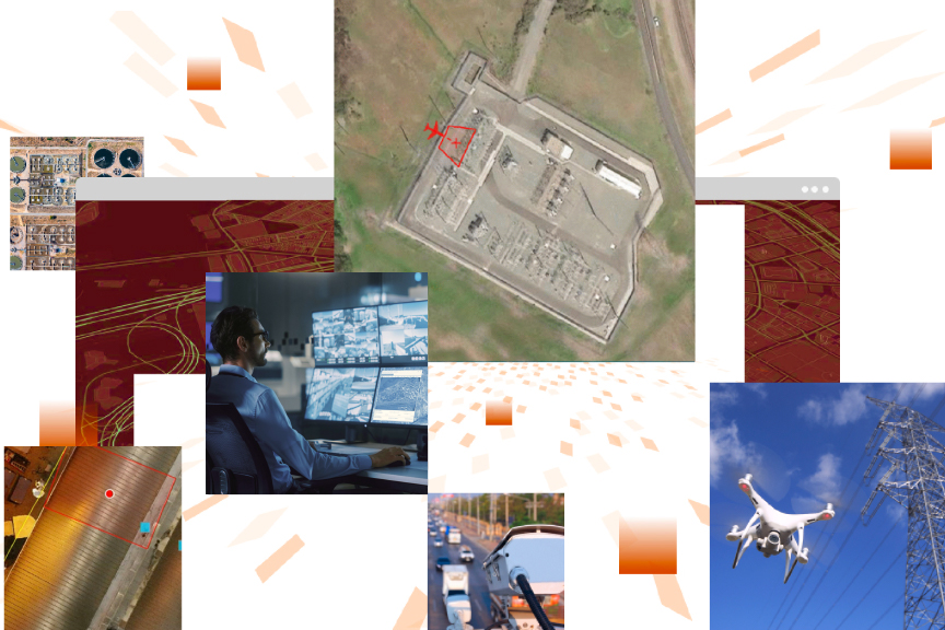 Mosaico de imagens com um drone branco no ar, uma câmera de segurança olhando para uma estrada movimentada e um analista em um computador