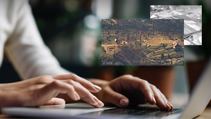 Um analista digitando em um laptop com uma imagem inserida de um campo e uma foto aérea em preto e branco