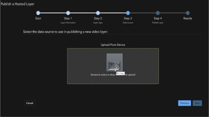 Texto branco sobre fundo preto com texto e uma linha do tempo na parte superior representando as etapas para publicar um vídeo no Video Server