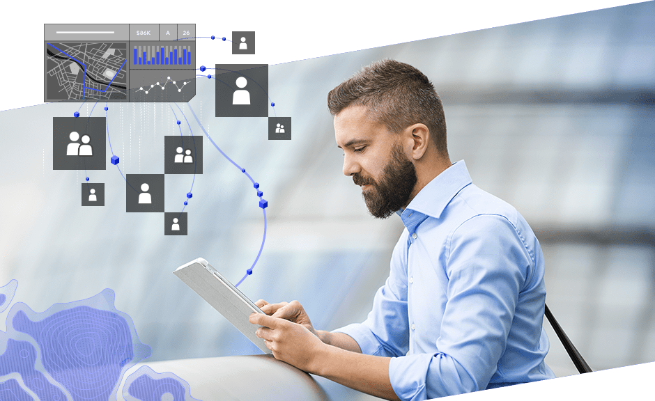 Jovem profissional trabalhando em um tablet, ícones de pessoas coletados por uma linha e gráfico com mapa e gráfico de barras