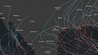 Um mapa escuro com múltiplas linhas em um gradiente de verde a vermelho, observando a velocidade do vento