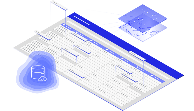 Um design em azul e branco de uma planilha com ícones de mapas e formas conectando-se a ela