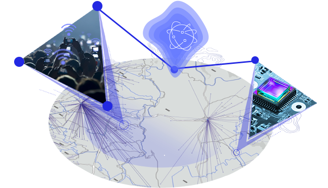 Um desenho de mapa cinza dentro de um círculo plano com imagens e ícones de uma multidão, peças de computador e um globo conectado acima do mapa