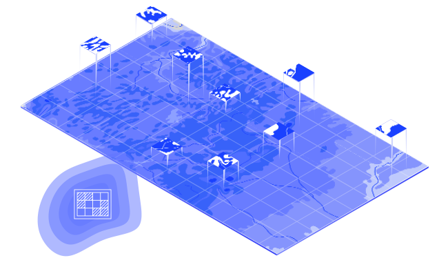 Um design retangular azul de um mapa em grade com seções da grade levantadas acima do mapa