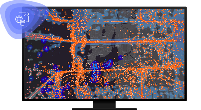 Mapa de ruas cinza com pontos de dados espalhados de cor azul e laranja,Mapa de ruas cinza com pontos de dados espalhados de cor azul e laranja