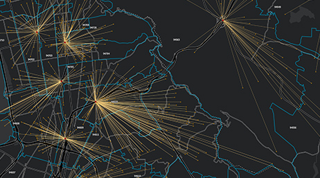Imagem digital em preto de uma massa de terra com linhas amarelas em forma de estrela espalhadas pelo mapa