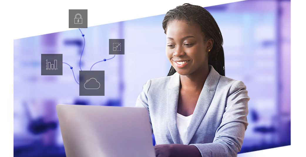 Uma mulher profissional trabalhando em um laptop com ícones conectados de bloqueio, nuvem e gráfico de barras