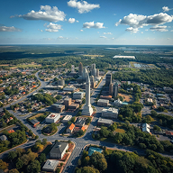 Imagem de uma pequena cidade na zona rural de Dakota do Sul mostrando edifícios, estradas e árvores verdes