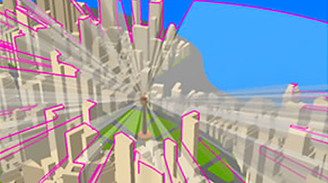 3D image of an urban setting with multiple buildings and pink outlines