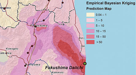 Pink prediction map of  land with a legend showing words and numbers