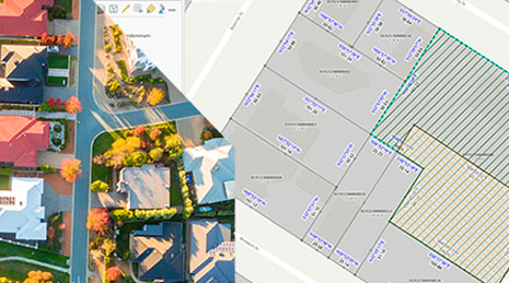 Aerial image of a neighborhood with houses and trees next to parcel fabric data image with numerical data