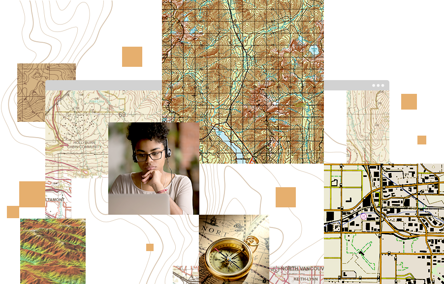 Colagem de imagens, incluindo uma bússola, uma jovem trabalhando em um laptop, um mapa de ruas e um mapa topográfico
