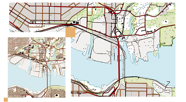 Mapa de ruas de uma cidade com um corpo de água azul e linhas pretas, vermelhas e marrons 