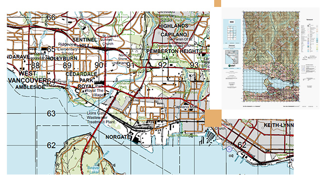 Mapa de ruas de água e terra em West Vancouver com ruas marcadas em linhas vermelhas e laranja e um pequeno mapa de grade com caixas