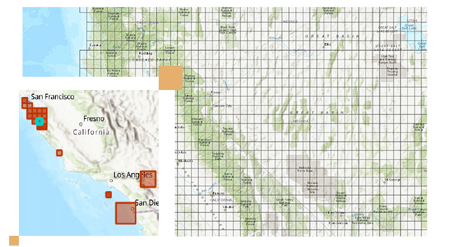 Mapa de grade da Grande Bacia com caixas e uma imagem topográfica da Califórnia de São Francisco a San Diego