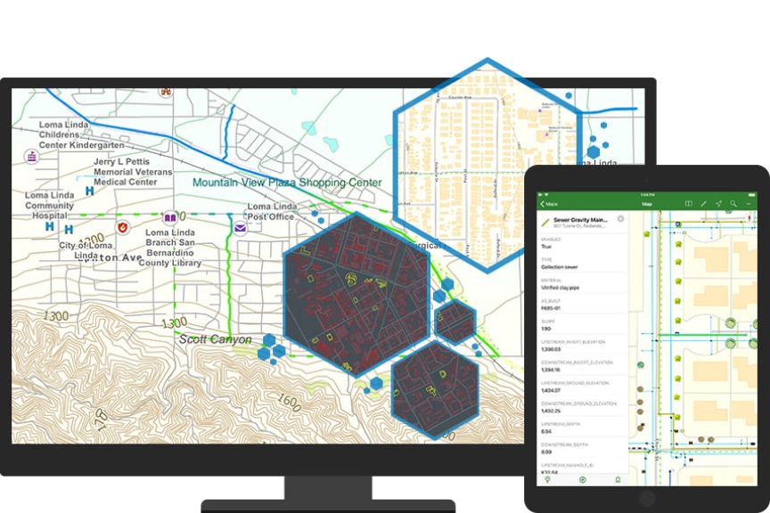 Um gráfico de um monitor exibindo um mapa de elevação com pontos de referência locais rotulados, sobrepostos a várias outras áreas e mapas de rotas em pequenas bordas hexagonais