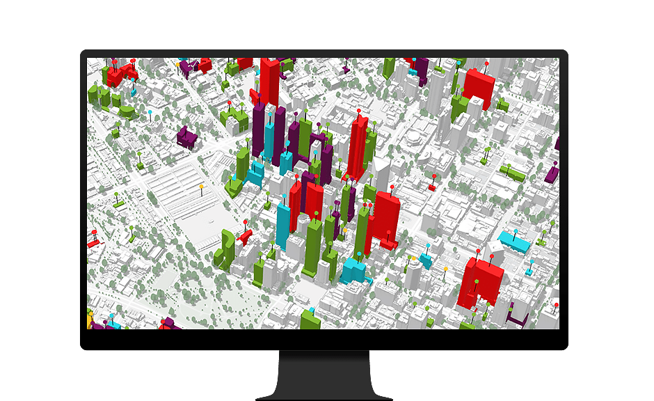 Monitor de computador mostrando visualização 3D de edifícios em uma cidade