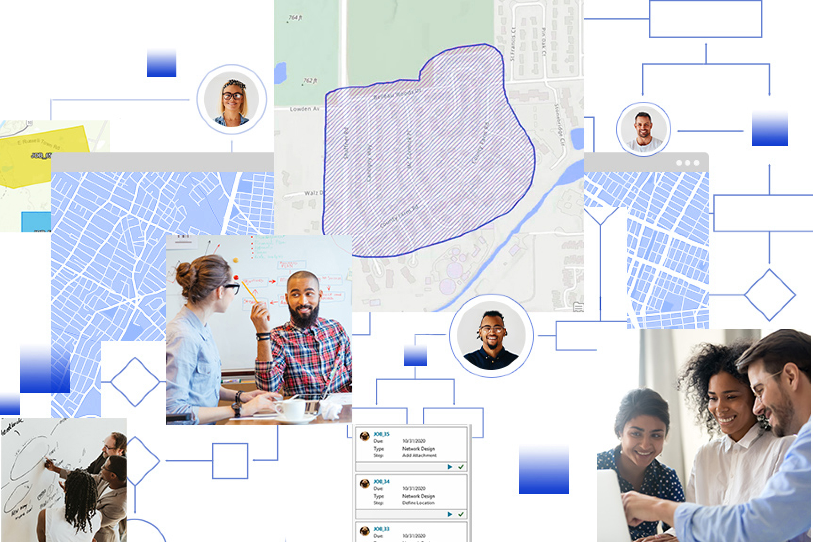 Coleção de mapas digitais de ruas e imagens de pessoas trabalhando juntas em um escritório em frente a um quadro branco