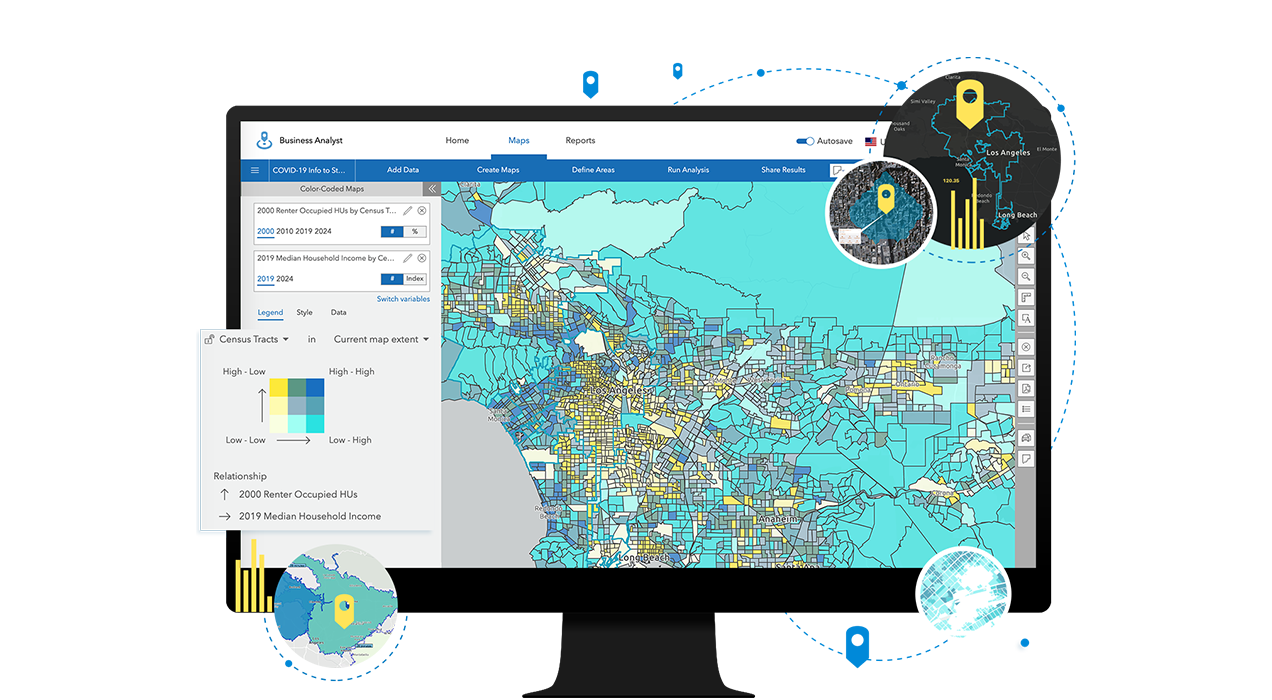 Laptop mostrando mapa codificado por cores e interface do Business Analyst