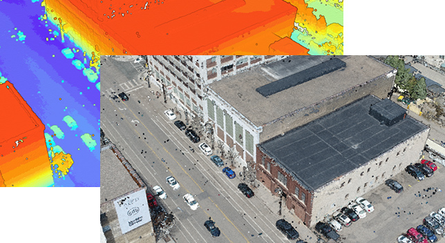 2 point cloud images of a city view using different color parameters 