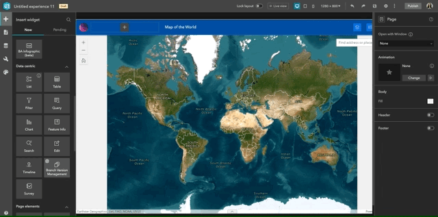 GIF mostrando uma grade de widgets e arrastando um botão em cima de um mapa azul e verde do mundo
