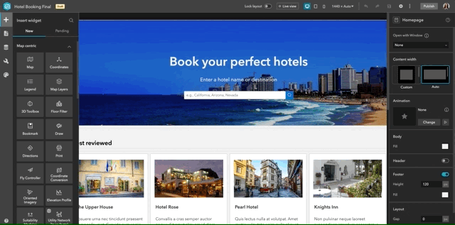 Um GIF mostrando as opções de hotel com o texto - reserve seus hotéis perfeitos - e mostrando a seleção de um botão de publicação 