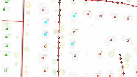 Mapa mostrando ruas como linhas e prédios como pontos em várias cores