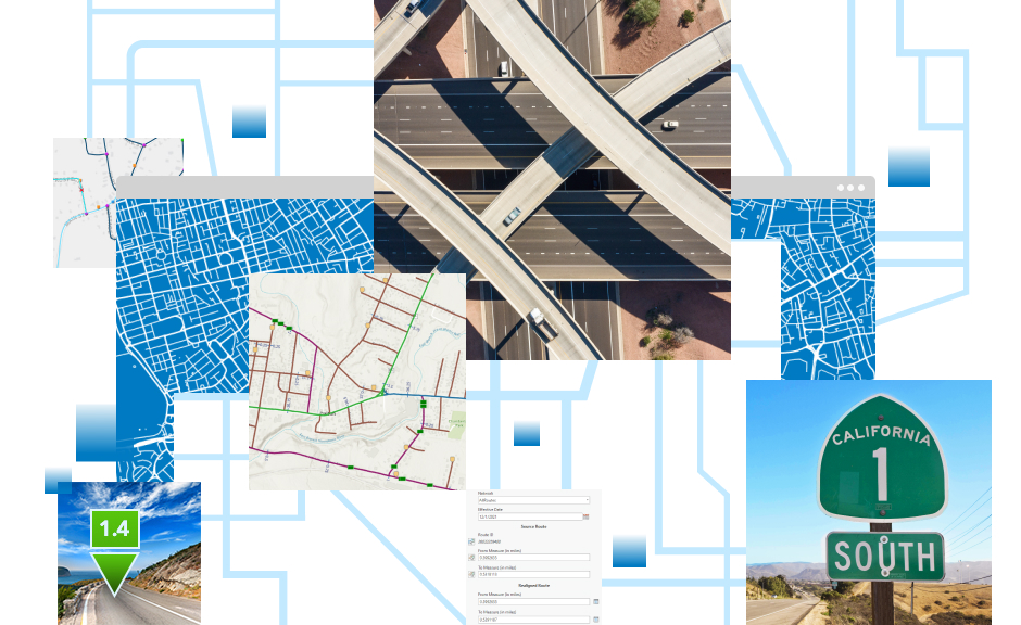 Colagem de imagens com rodovias, placa da rota 1 da rodovia da Califórnia, uma estrada com uma medida e mapas de ruas vetoriais