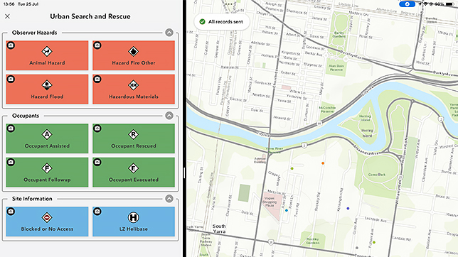 Um mapa da cidade em azul claro e verde ao lado de um menu de aplicativo de dados de campo