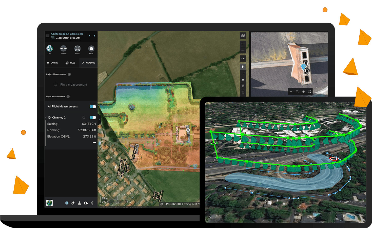 Laptop e dispositivo móvel exibindo imagens aéreas de uma área rural e de uma rodovia que atravessa uma cidade