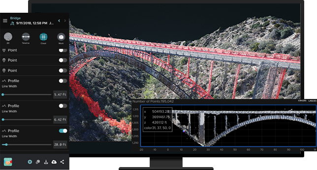 Tela de desktop mostrando a imagem de uma ponte que foi capturada por um drone pronto e software de análise