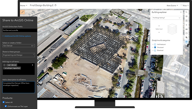 Tela de desktop com imagem de drone de um complexo de escritórios e carros em um estacionamento e uma dor de configuração com opções do ArcGIS Online