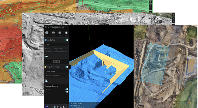 3 imagens digitais empilhadas representando tipos de análise com a imagem em primeiro plano mostrando um canteiro de obras 